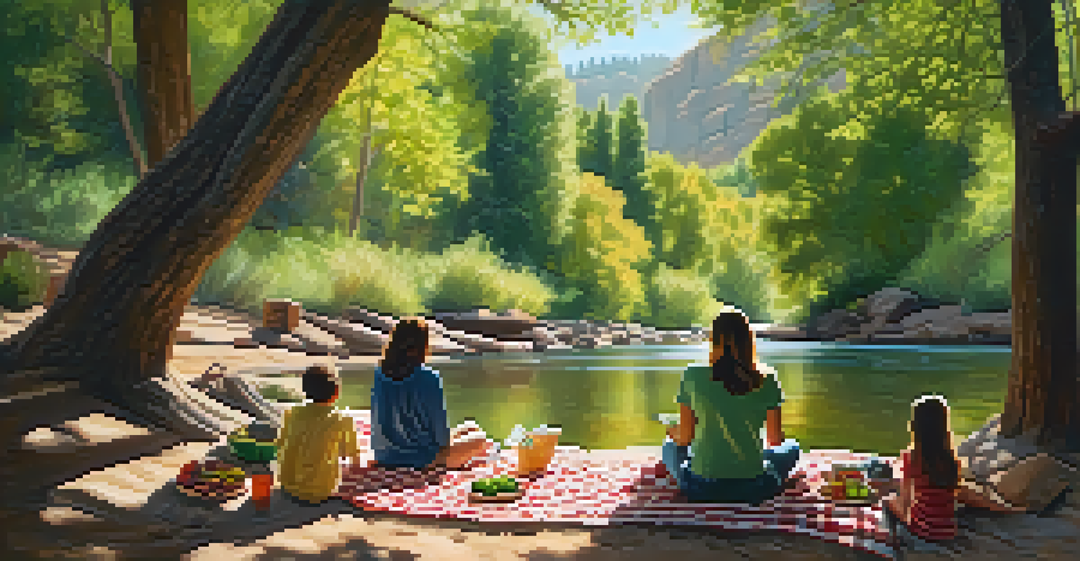 A family enjoying a picnic under trees by Oak Creek Canyon, with a picnic blanket and a beautiful natural backdrop.