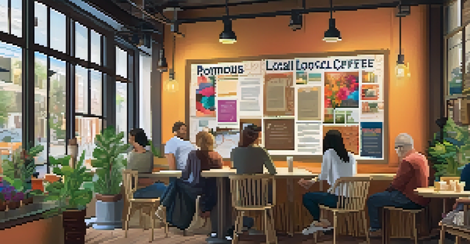 A community bulletin board in a coffee shop displaying colorful flyers for local groups, with patrons chatting in a cozy atmosphere.