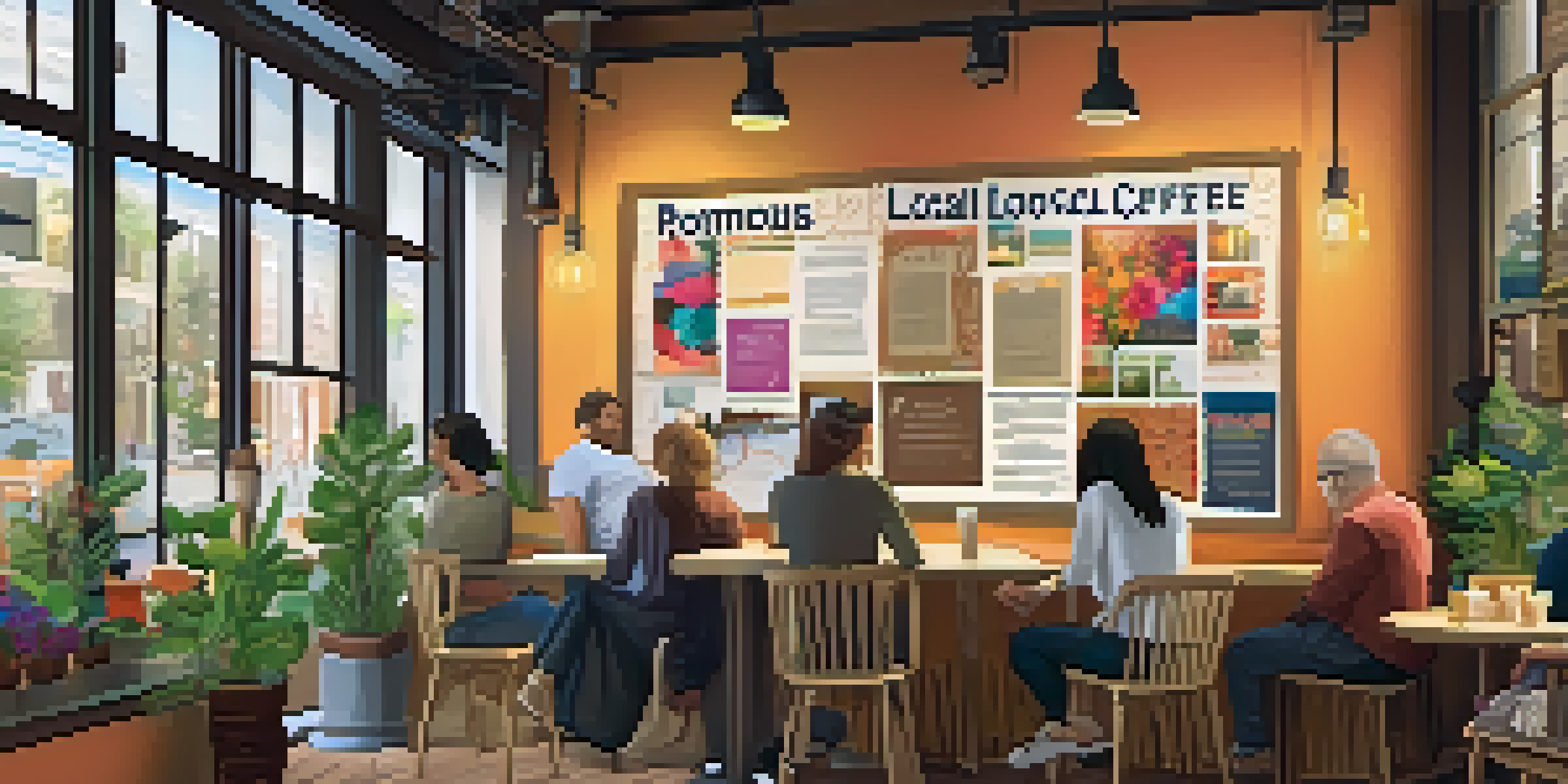 A community bulletin board in a coffee shop displaying colorful flyers for local groups, with patrons chatting in a cozy atmosphere.