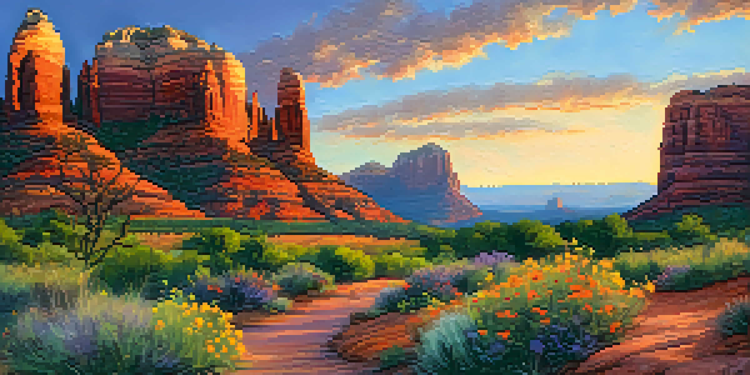 A panoramic view of Sedona's red rock formations during sunset with a colorful sky and a green field with wildflowers in the foreground.