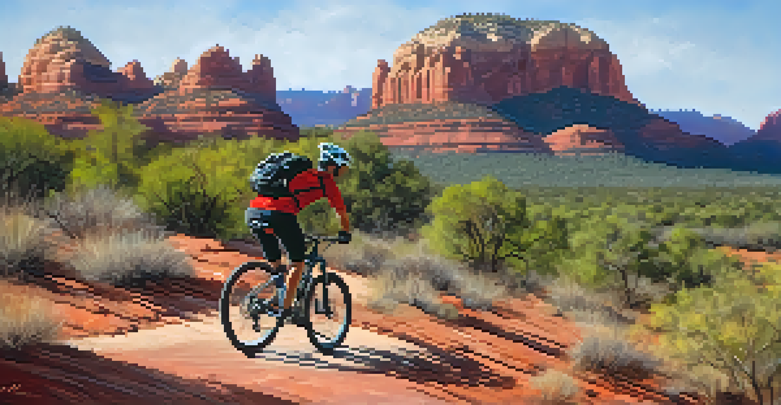 A mountain biker navigating through rocky terrain on a sunny day in Sedona, with red rock formations in the background.