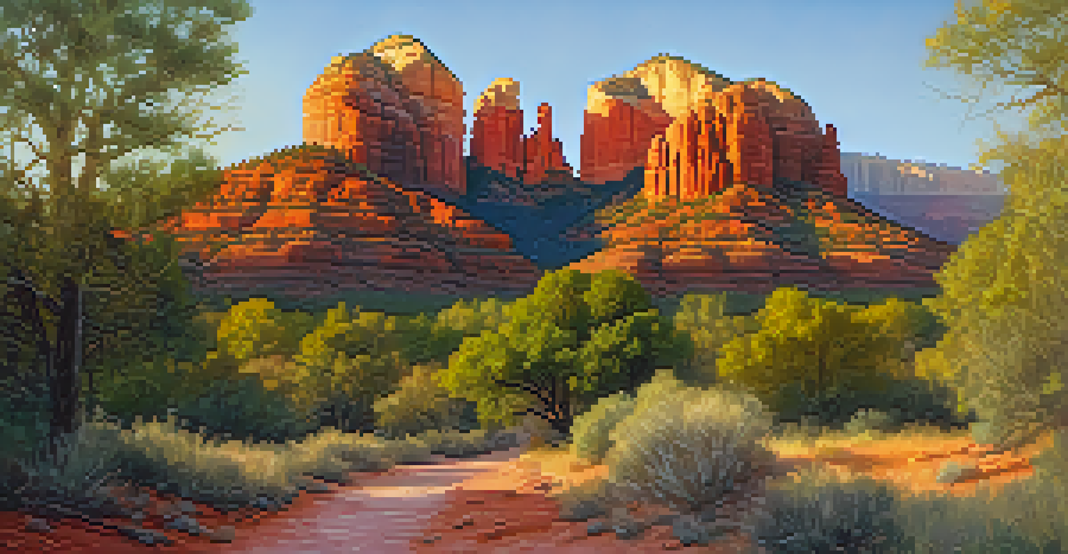 A breathtaking sunrise view of Cathedral Rock in Sedona, Arizona, with vibrant red rocks and a rocky trail.
