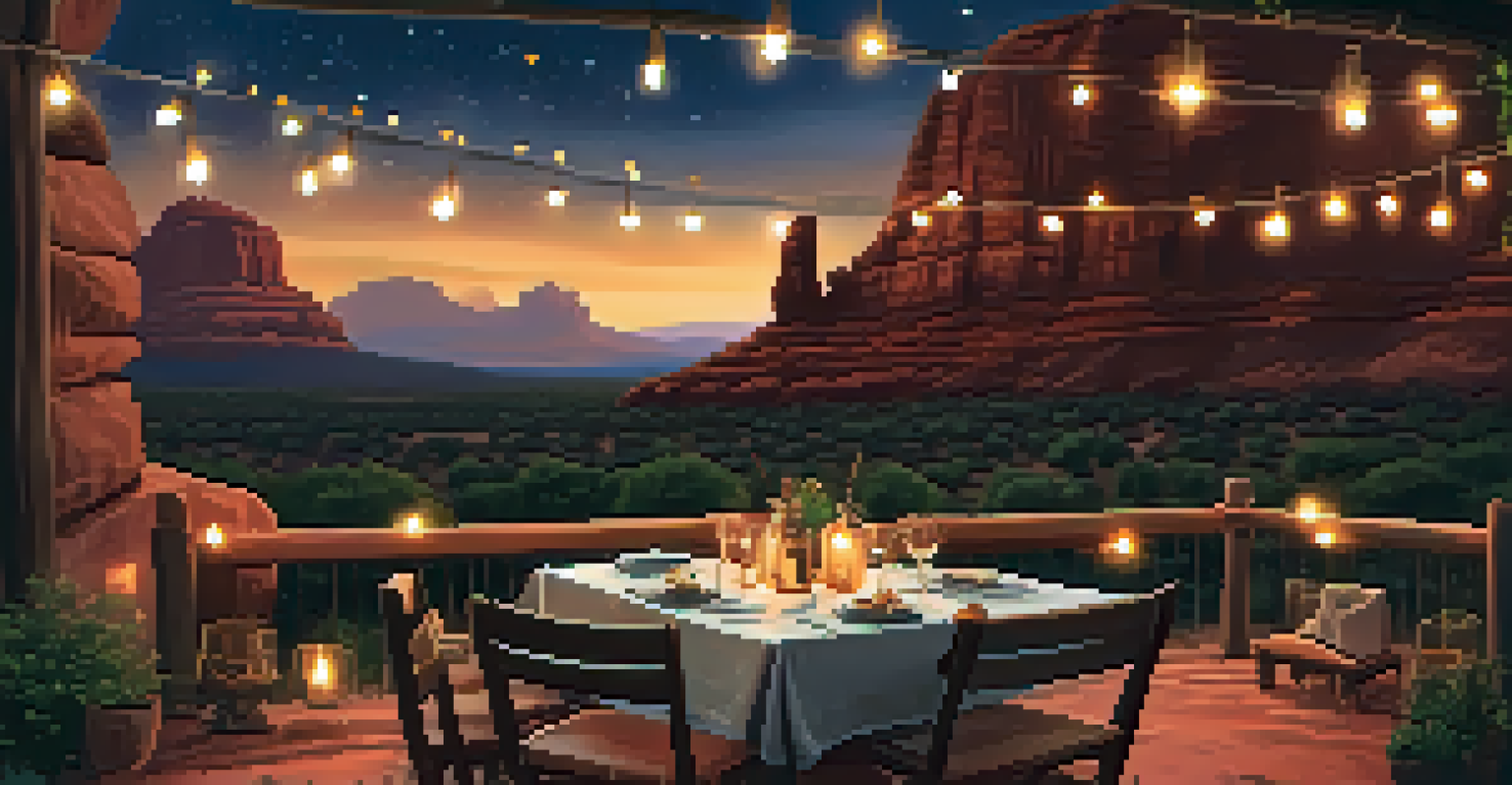 A cozy outdoor dining setup with gourmet dishes under the stars at a glamping site, surrounded by fairy lights and red rock silhouettes.