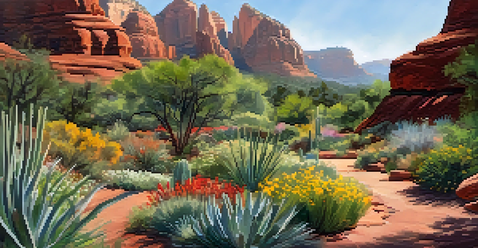 A colorful display of blooming native plants in Sedona's Botanical Gardens, with visitors participating in a workshop surrounded by stunning red rock formations.