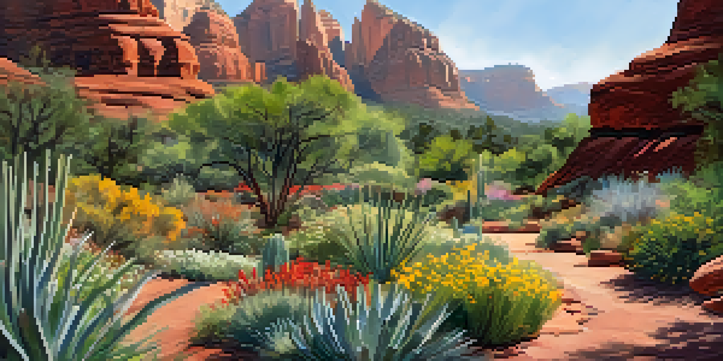 A colorful display of blooming native plants in Sedona's Botanical Gardens, with visitors participating in a workshop surrounded by stunning red rock formations.
