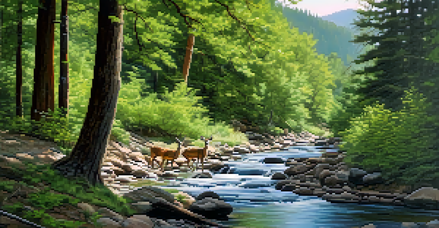 A peaceful view of West Fork Trail with hikers beside a flowing creek and a deer drinking water, surrounded by lush greenery.