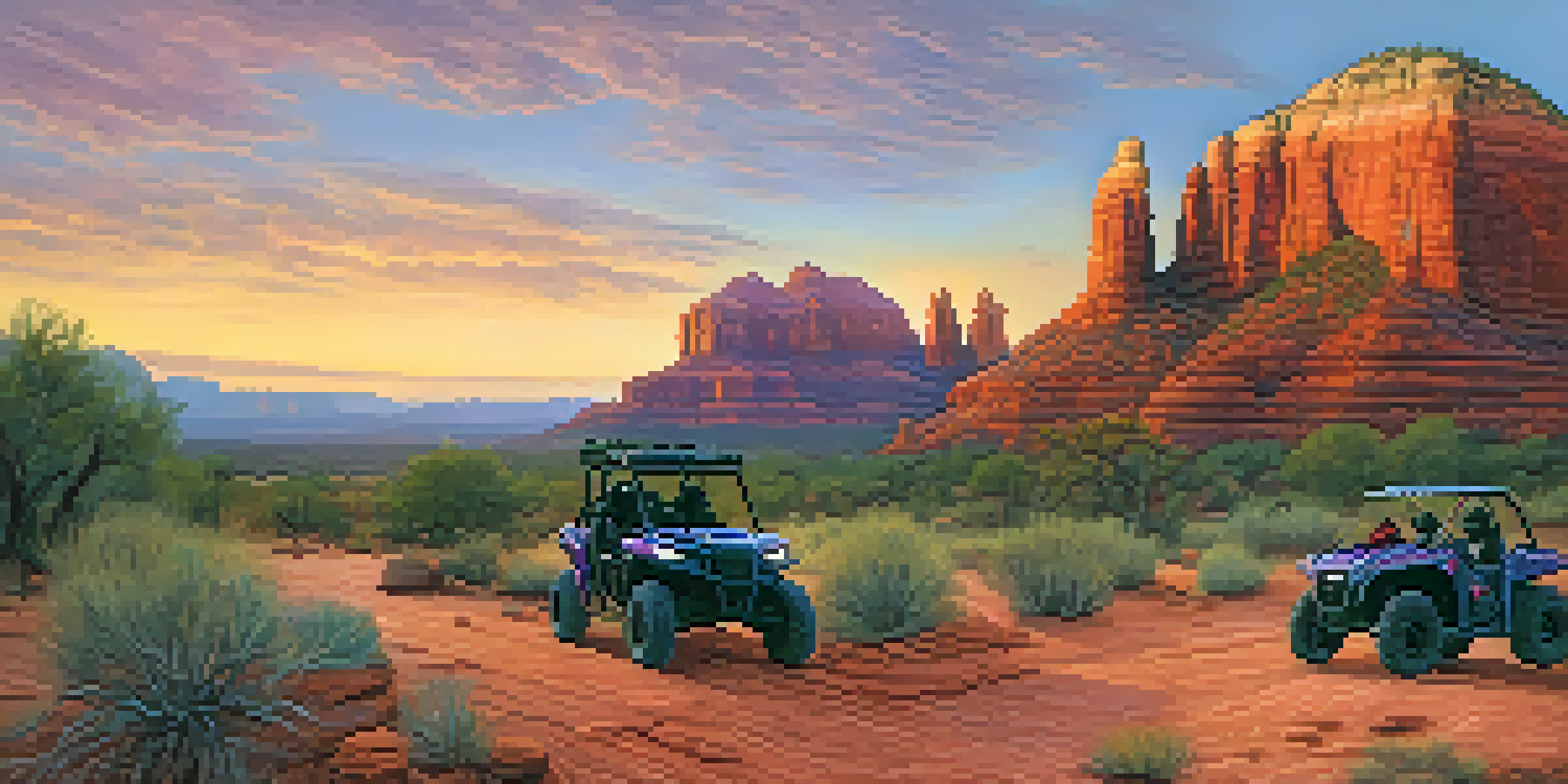 A scenic view of Sedona's red rock formations during sunset with an ATV in the foreground.