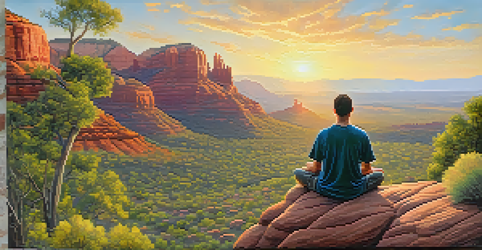 A person meditating on a rocky ledge with a scenic view of Sedona's landscapes and wildflowers.