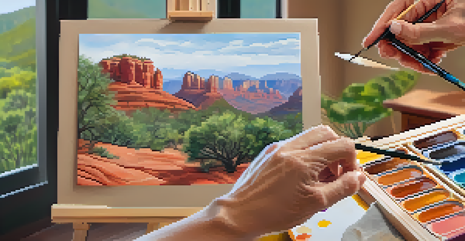 Close-up of hands painting on a canvas during an art therapy retreat in Sedona, with vibrant colors and a glimpse of red rock landscape in the background.
