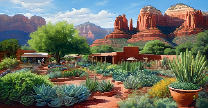 A colorful community garden in Sedona with diverse plants and gardeners working together, surrounded by red rock formations and sunlight.