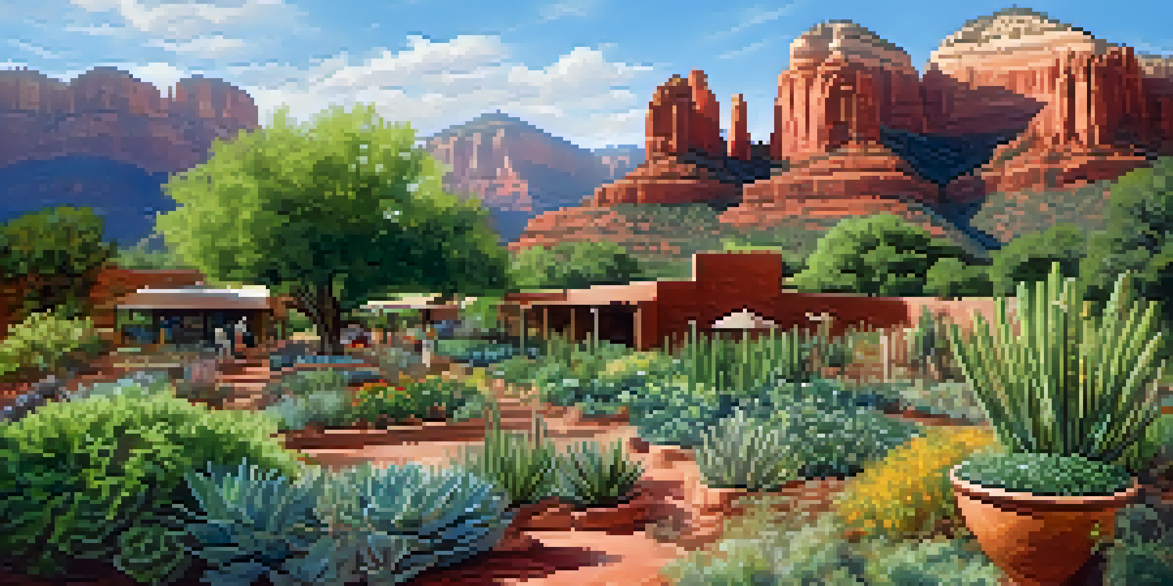 A colorful community garden in Sedona with diverse plants and gardeners working together, surrounded by red rock formations and sunlight.