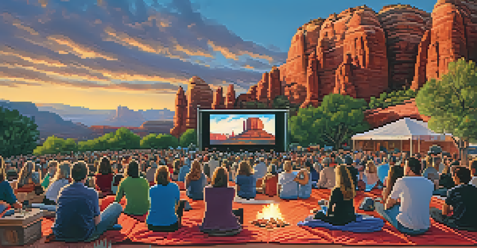 An outdoor film festival in Sedona, Arizona, with people sitting on blankets watching a movie on a big screen, surrounded by the iconic red rock formations.