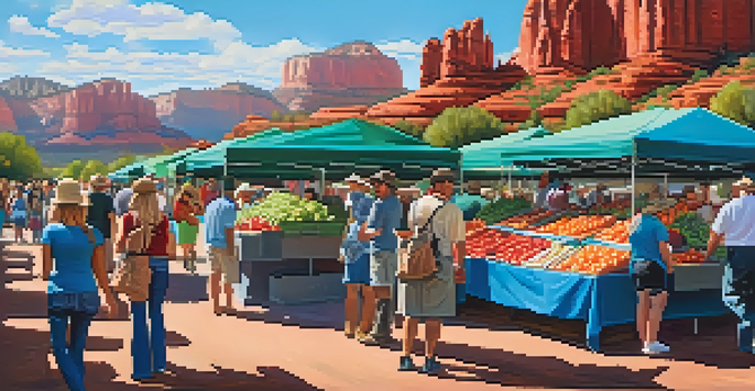 A lively farmers' market in Sedona with fresh fruits and vegetables, red rock formations in the background, and locals engaging with vendors.