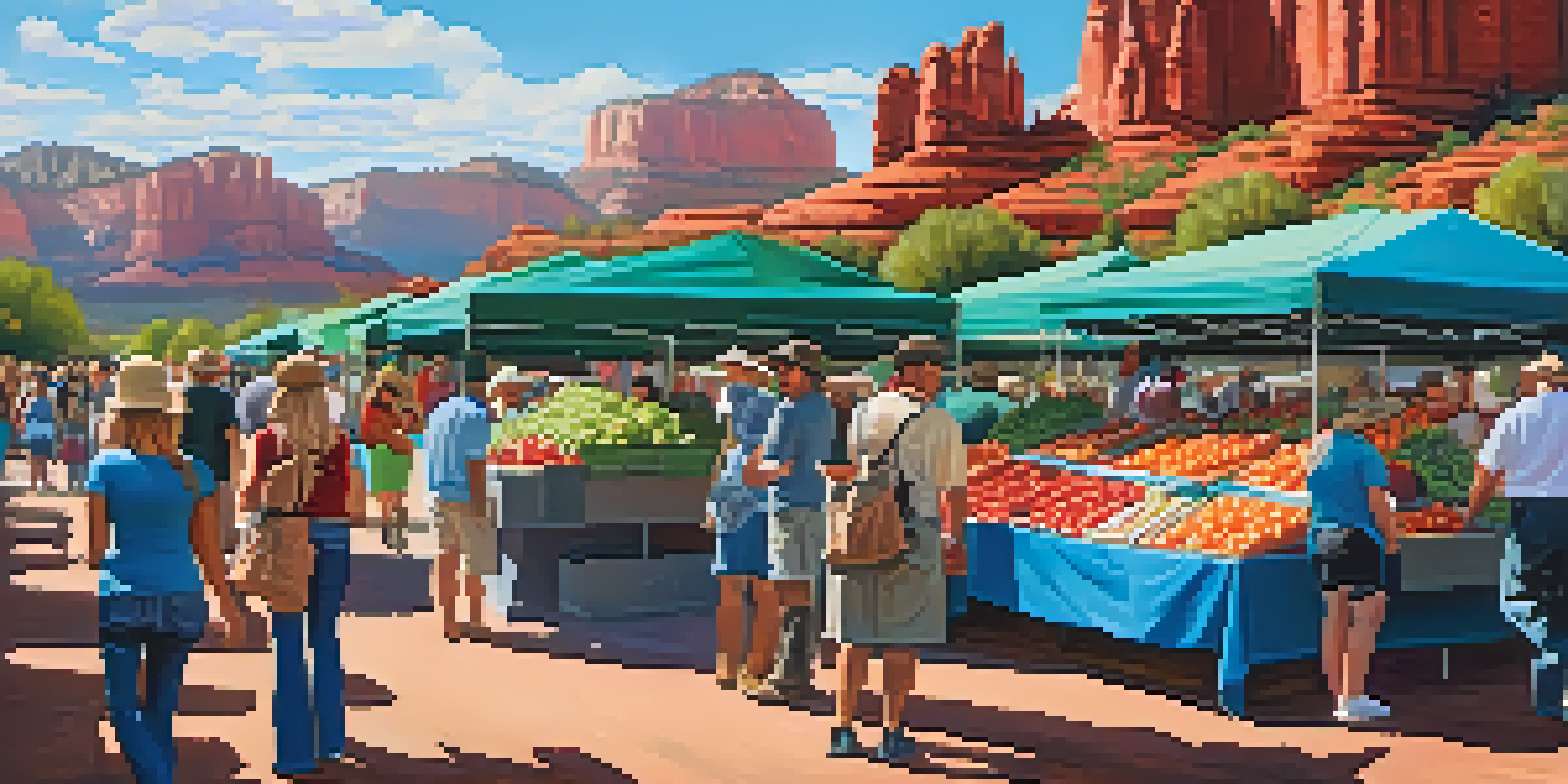 A lively farmers' market in Sedona with fresh fruits and vegetables, red rock formations in the background, and locals engaging with vendors.