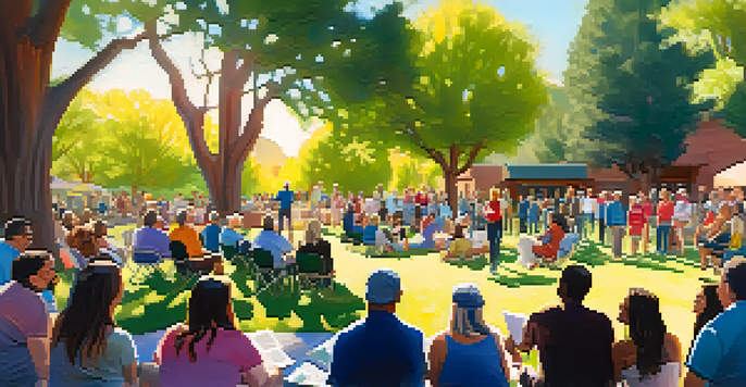 A diverse group of residents in Sedona participating in a community meeting in a park, surrounded by colorful banners and green trees.