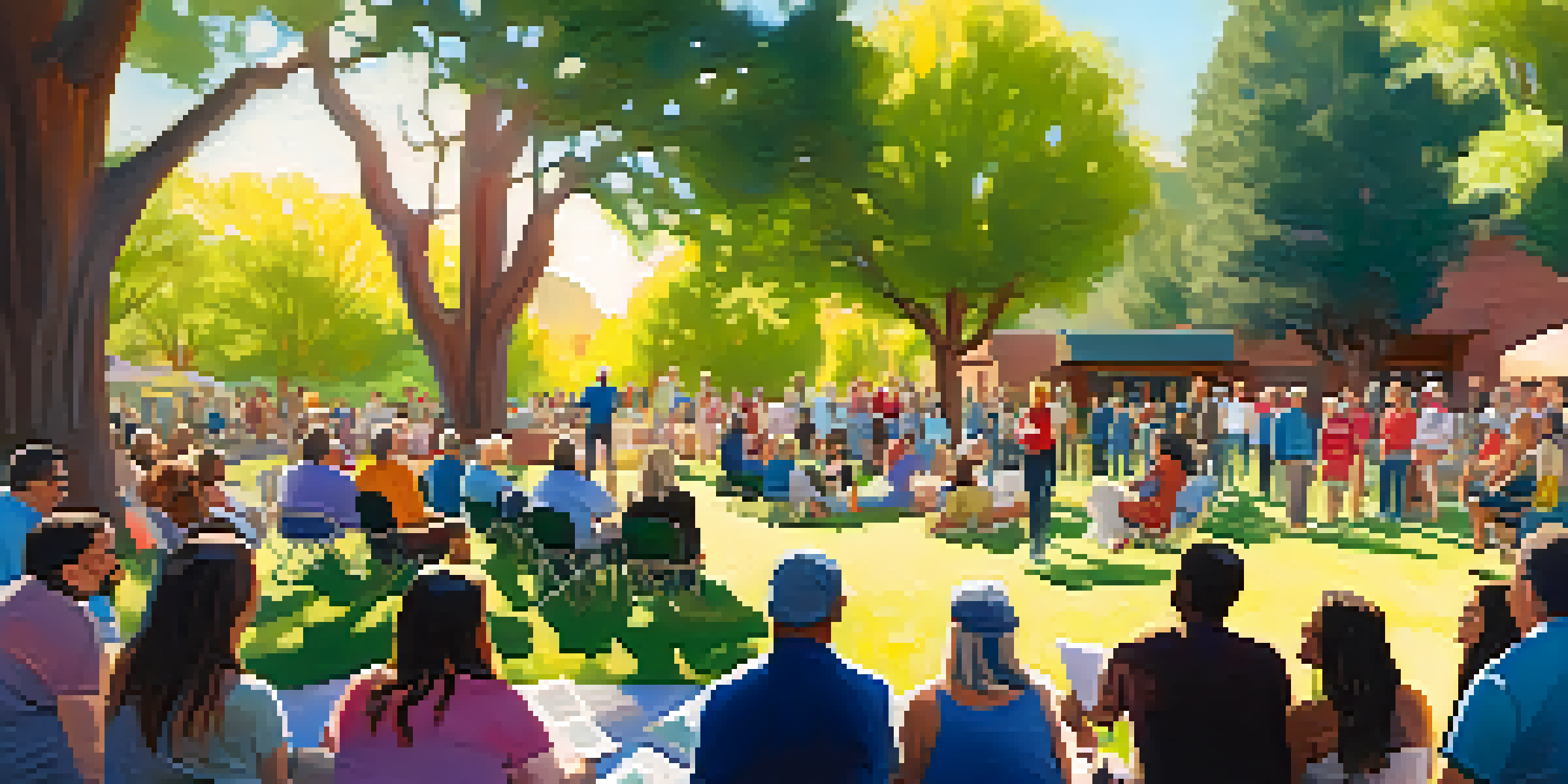 A diverse group of residents in Sedona participating in a community meeting in a park, surrounded by colorful banners and green trees.