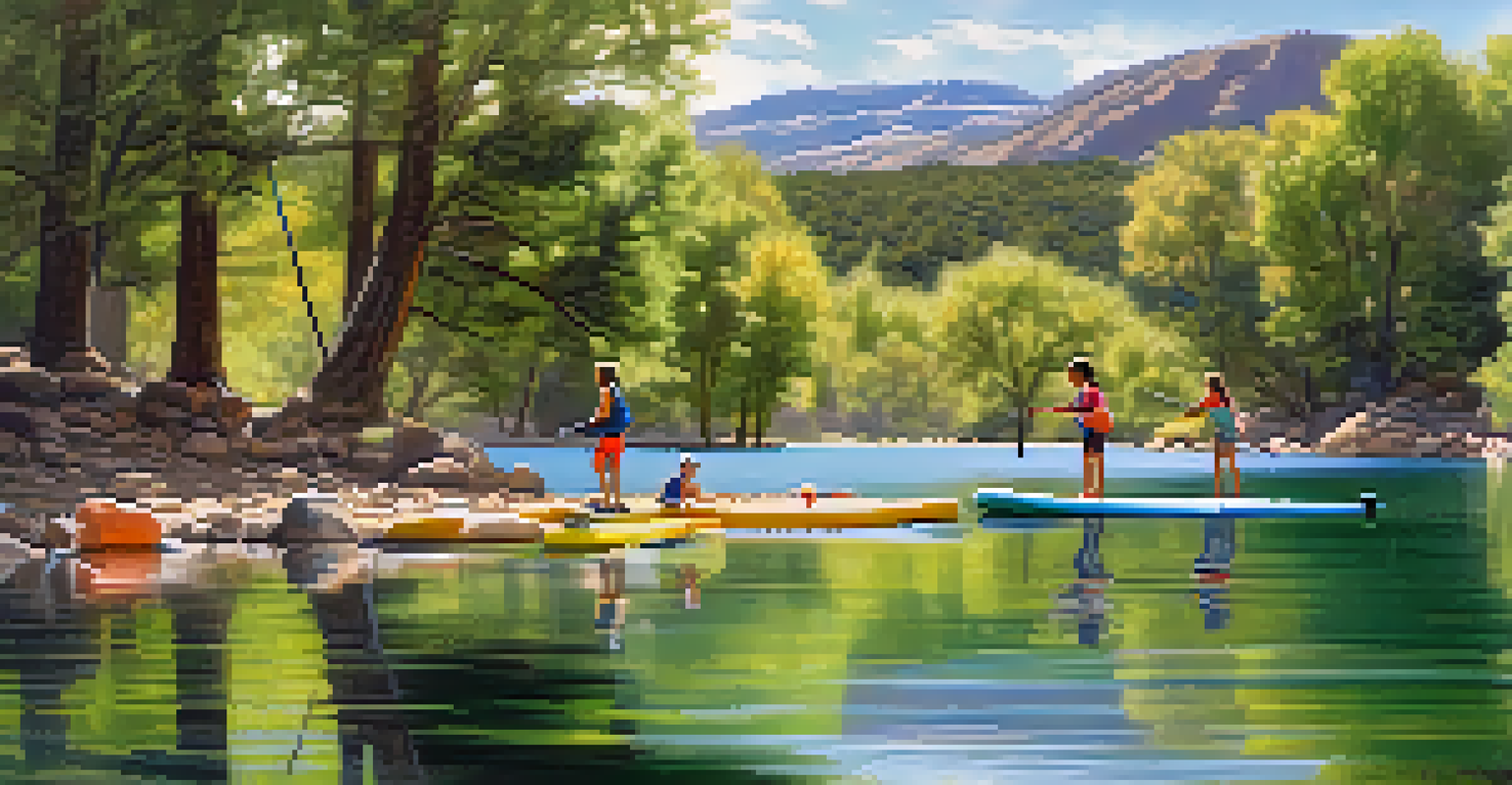 Children paddleboarding on a calm lake surrounded by trees and mountains.