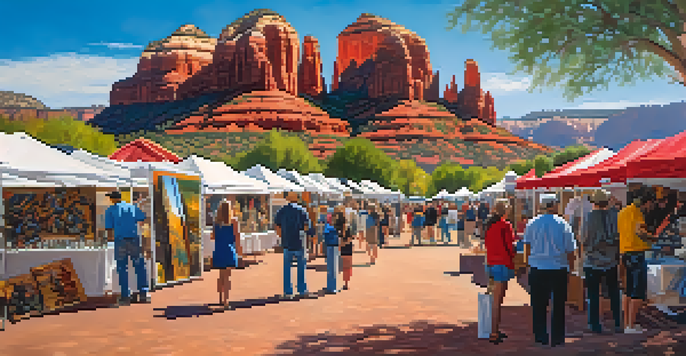 An outdoor art fair in Sedona with various artworks displayed, artists interacting with visitors, and red rock formations in the background.