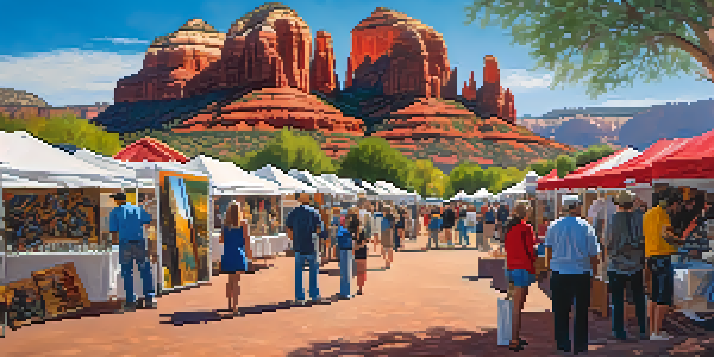 An outdoor art fair in Sedona with various artworks displayed, artists interacting with visitors, and red rock formations in the background.