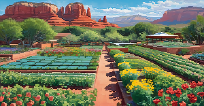 Aerial view of a community garden in Sedona with red rocks in the background.