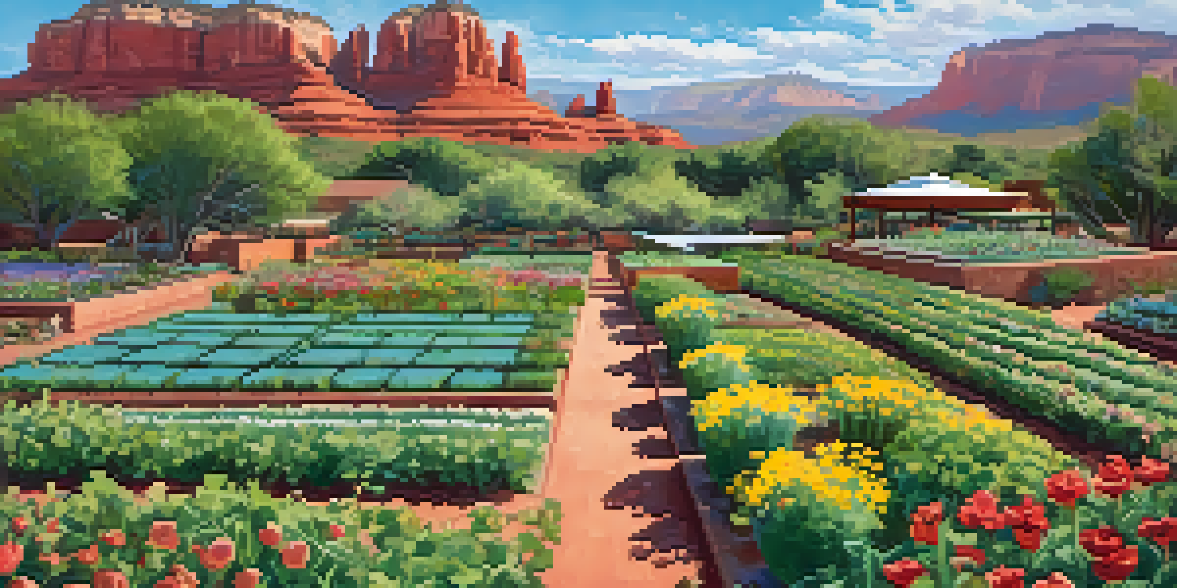 Aerial view of a community garden in Sedona with red rocks in the background.