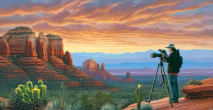 A photographer capturing a sunrise over red rock formations in Sedona, with vibrant colors in the sky and foreground plants.