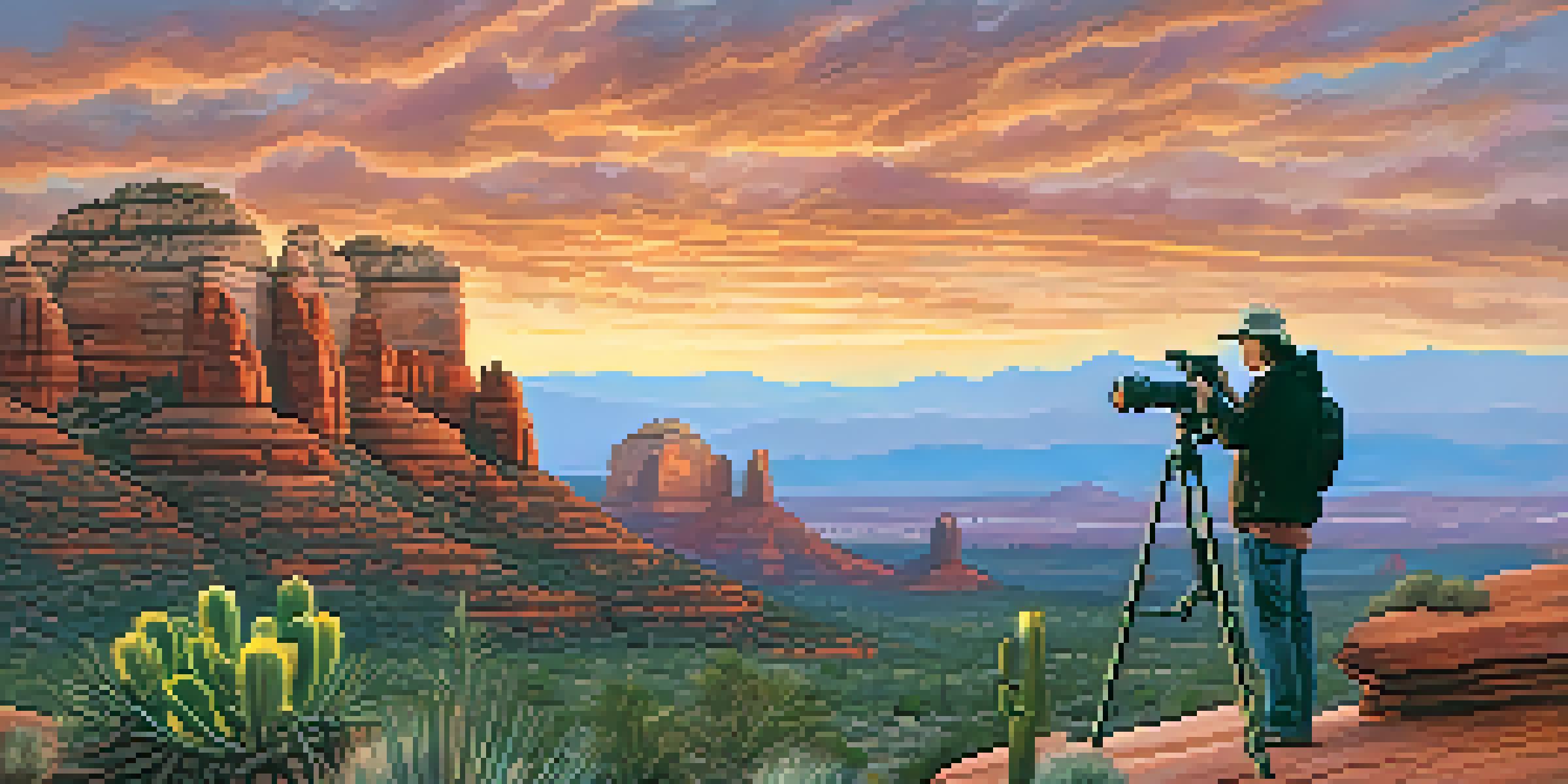 A photographer capturing a sunrise over red rock formations in Sedona, with vibrant colors in the sky and foreground plants.