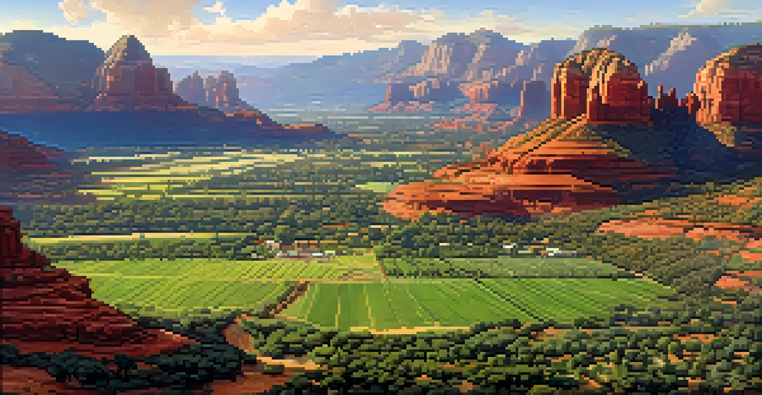An aerial view of Sedona's farmlands with patches of wheat and barley fields, and red rock formations in the background.