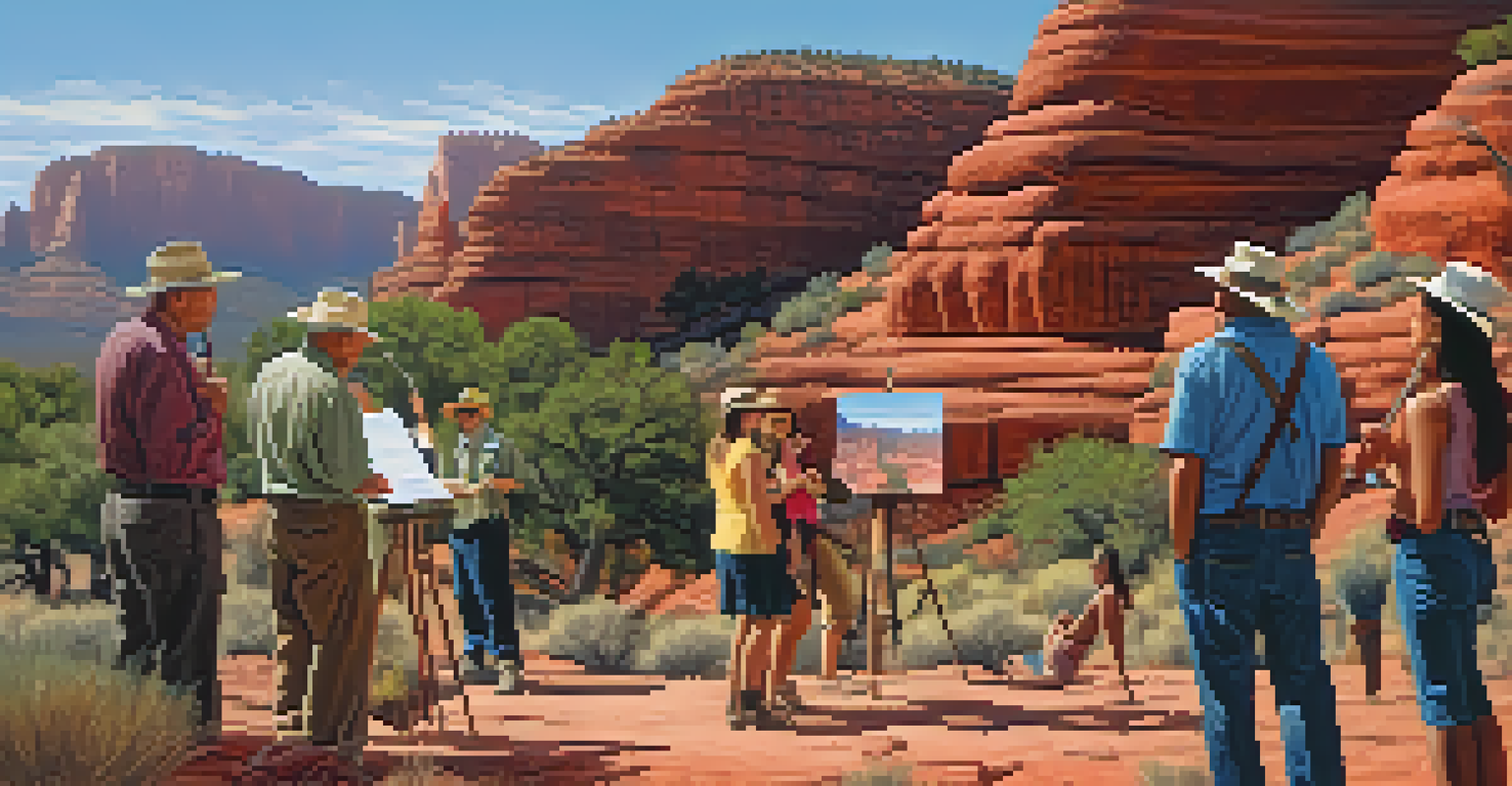 Group of people on a guided tour observing ancient petroglyphs in Sedona, Arizona.