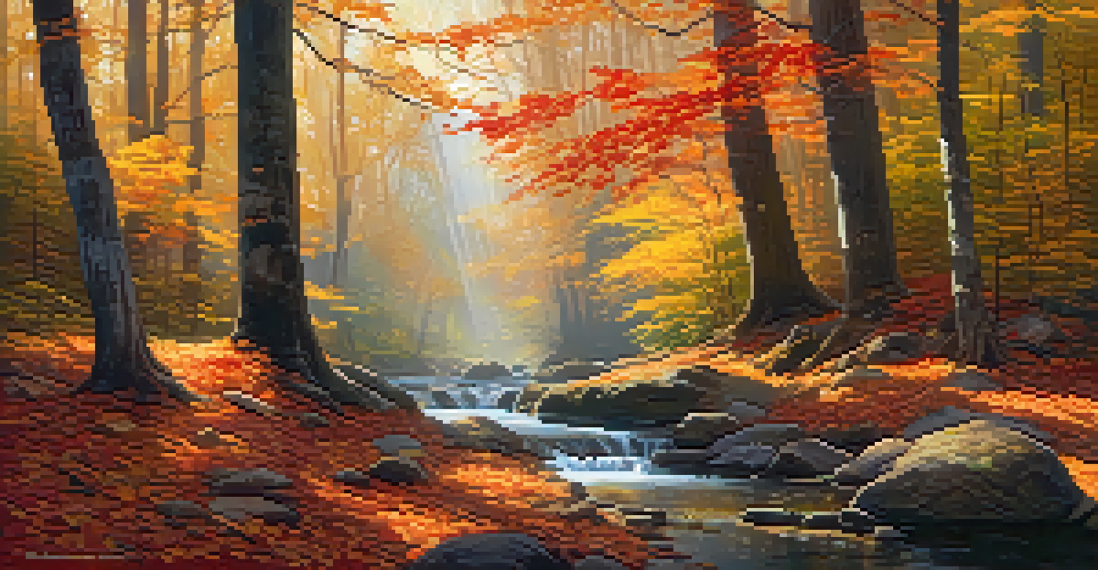 An autumn forest scene with colorful trees, sunlight filtering through the leaves, and a winding path by a stream.