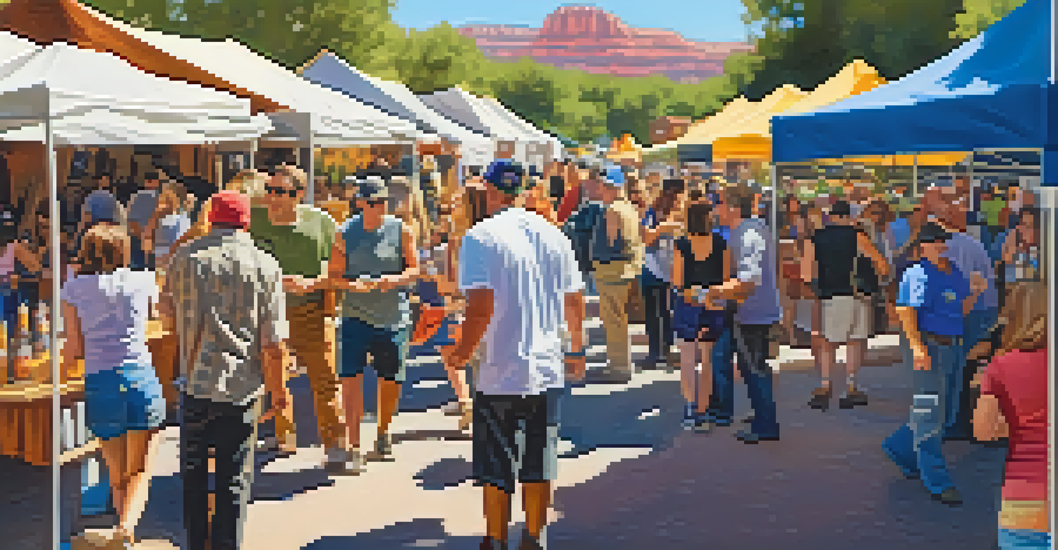 A craft beer festival in Sedona with attendees sampling beers and enjoying food vendors in a sunny park setting.