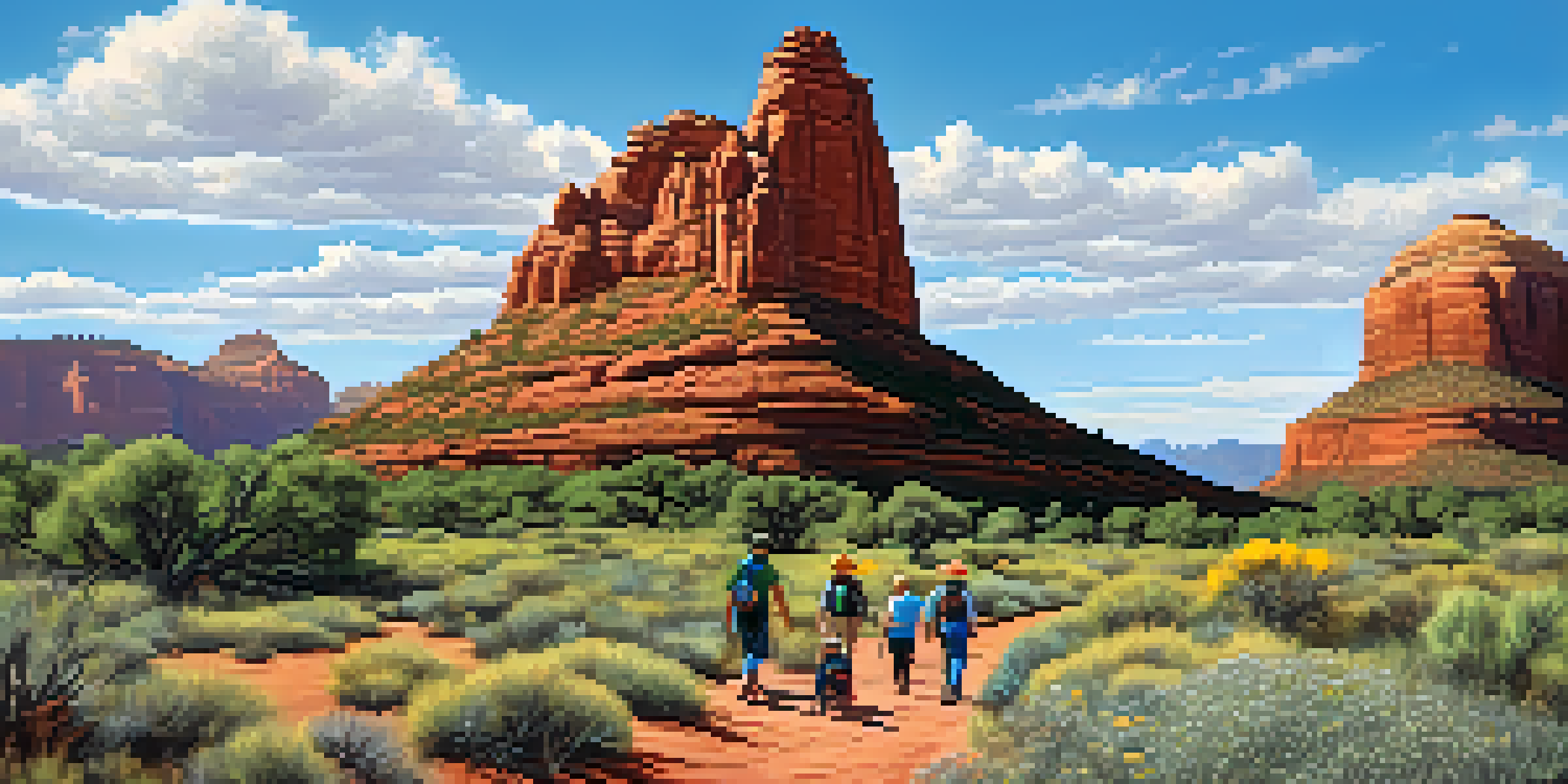A family hiking on a gentle trail near Bell Rock in Sedona, Arizona, surrounded by colorful wildflowers and blue sky.