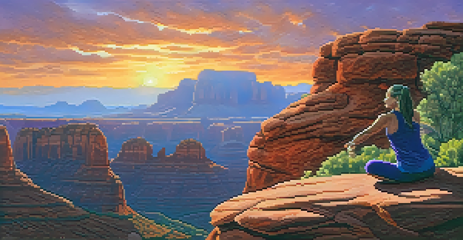A silhouette of a person doing Vinyasa yoga on a cliff in Sedona, with a vibrant dawn sky and rocky desert landscape.