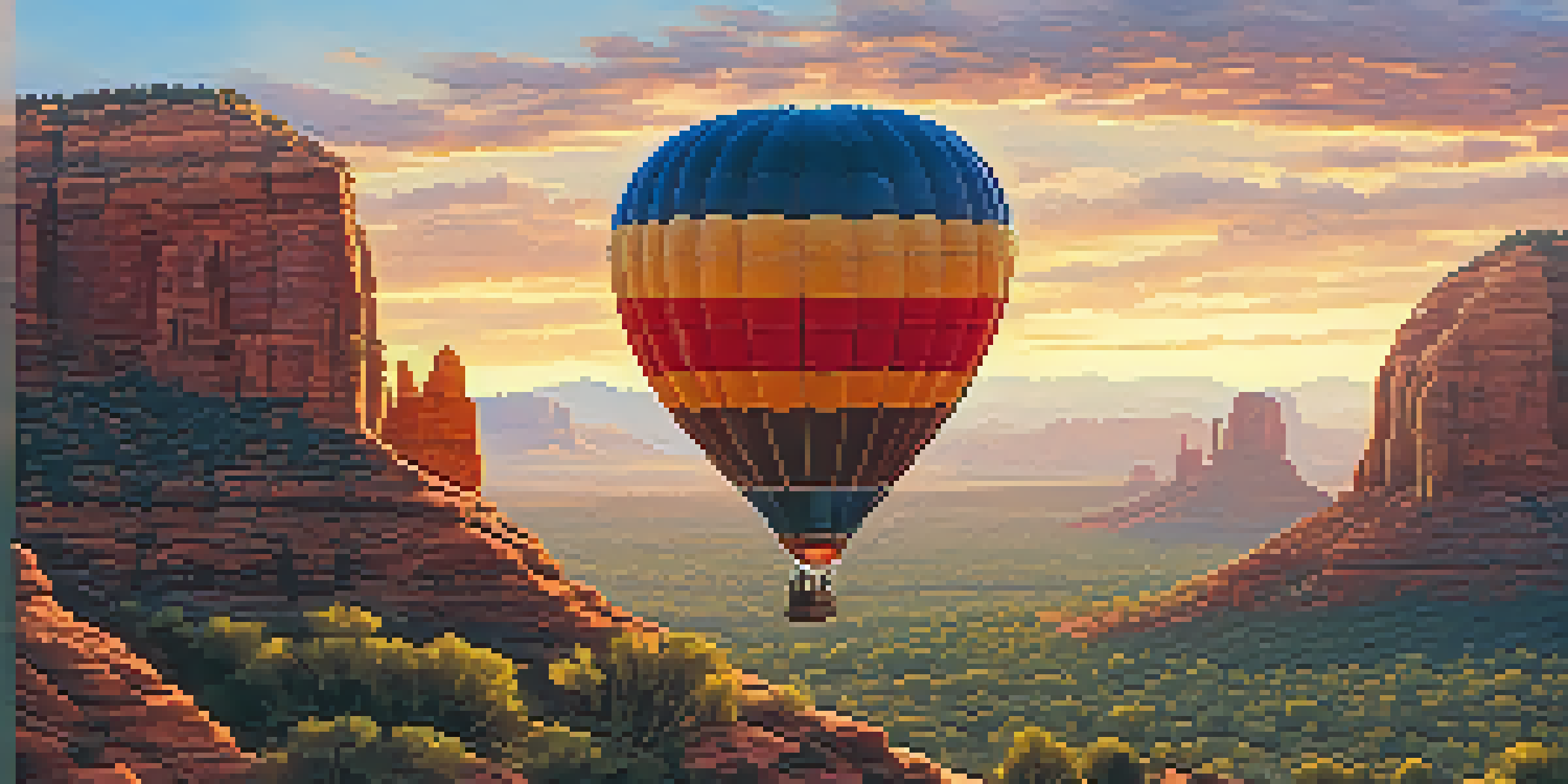 A couple enjoying a hot air balloon ride at sunrise over Sedona, surrounded by beautiful red rock formations.