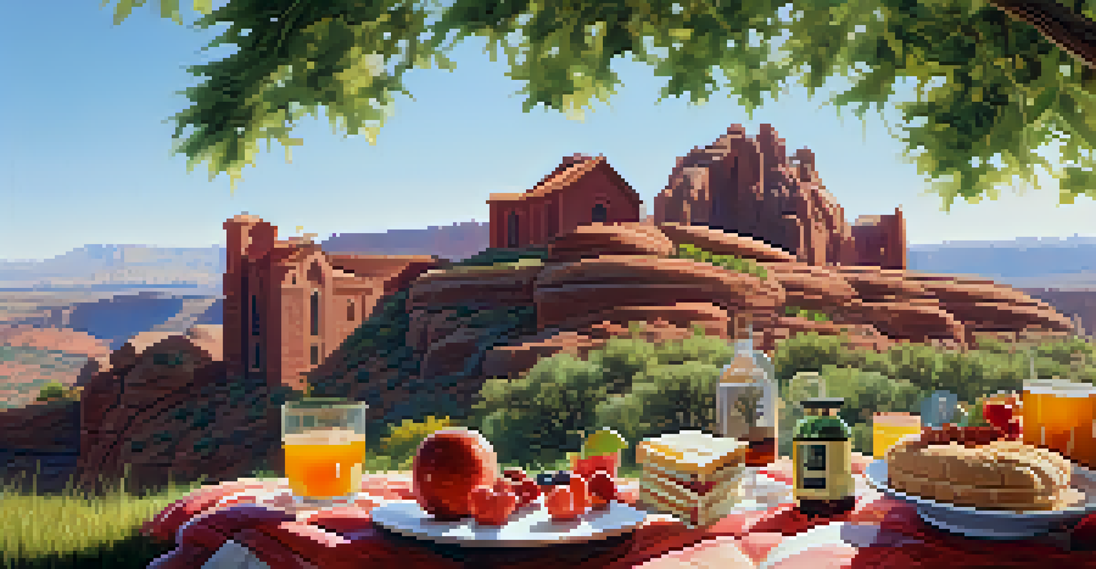 A picnic spread in front of the Chapel of the Holy Cross with red rock formations in the background.