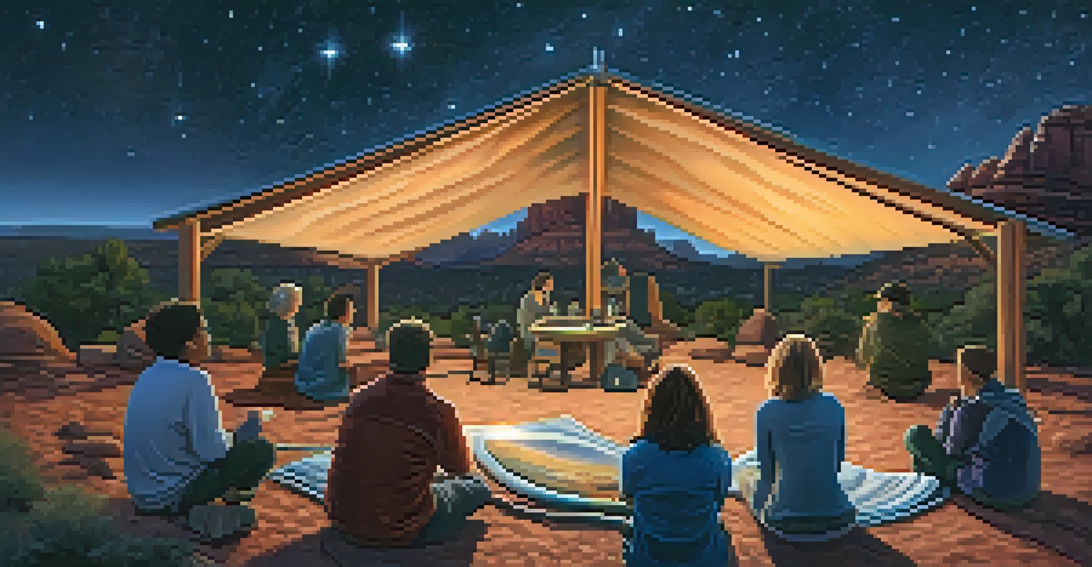An aerial view of a group of stargazers in Sedona, Arizona, gathered around a telescope under a star-filled sky with the Milky Way above.