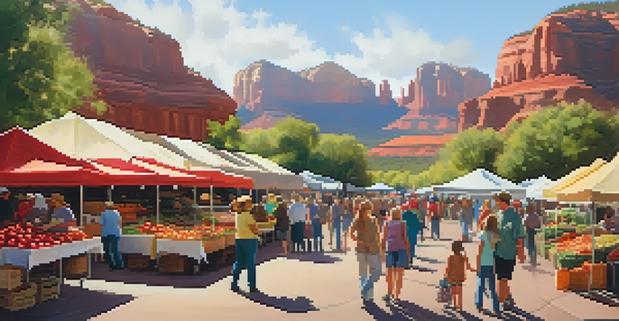 A lively farmers' market in Sedona with colorful stalls displaying fresh produce, families shopping, and red rock formations in the background.