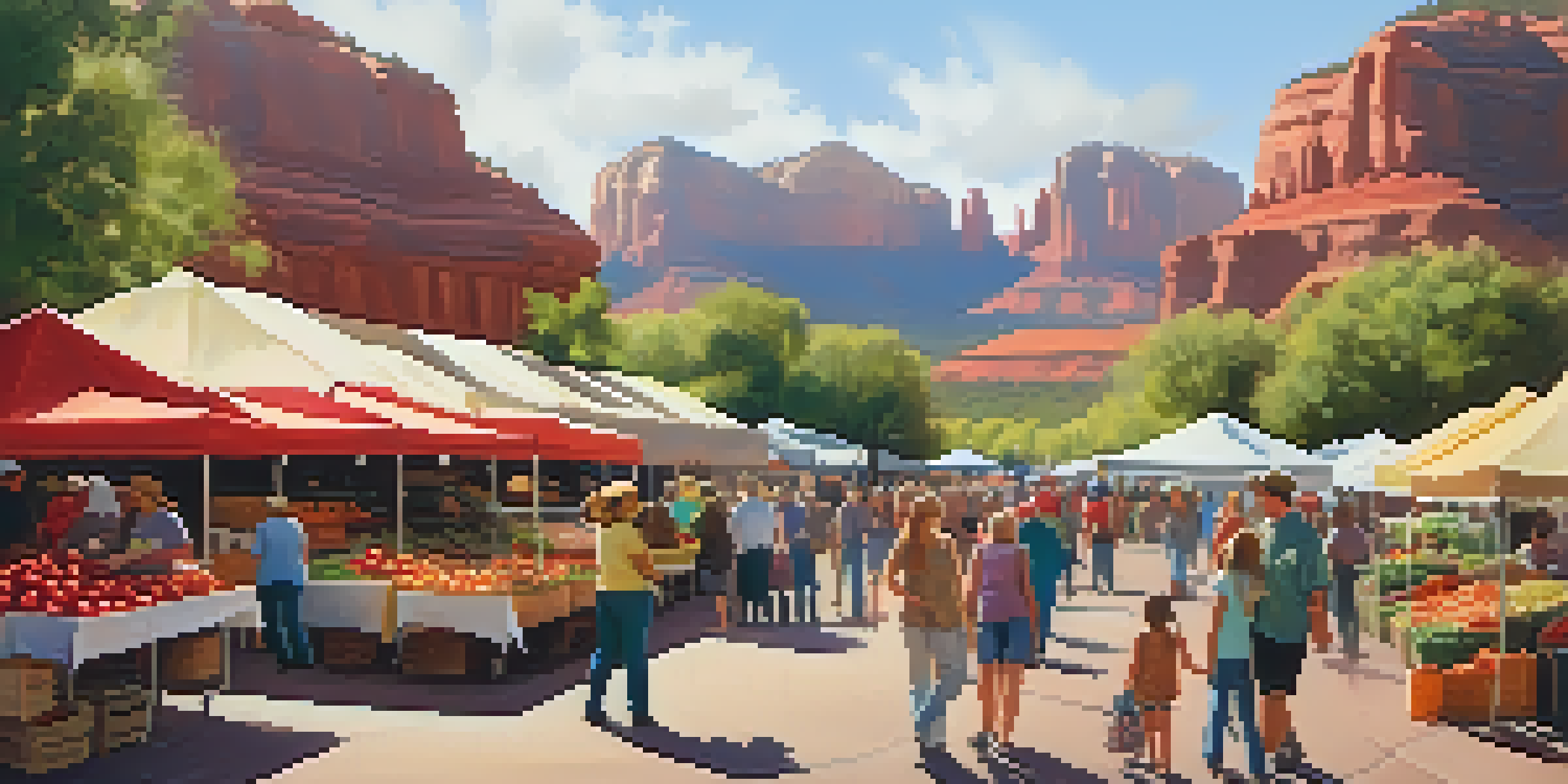 A lively farmers' market in Sedona with colorful stalls displaying fresh produce, families shopping, and red rock formations in the background.