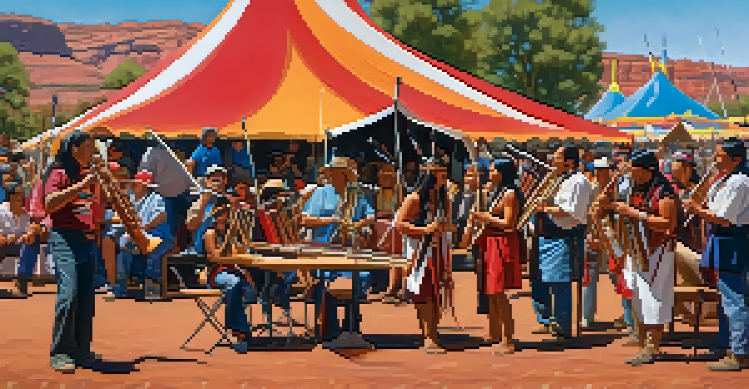 Musicians perform at the Sedona Native American Flute Festival, with a colorful crowd and tents displaying Indigenous art in the background.