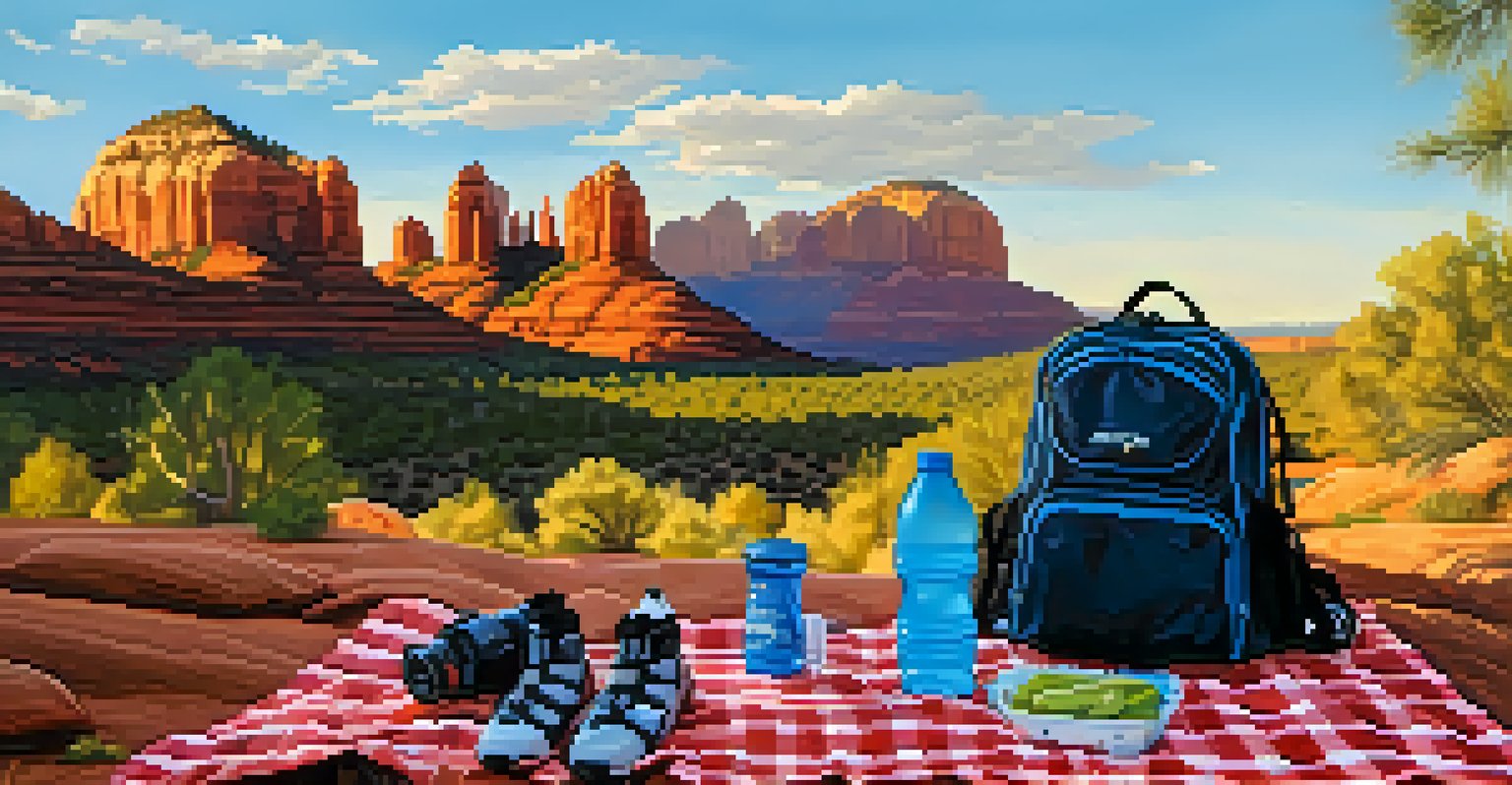 A hydration pack and snacks on a picnic blanket with Sedona's red rock formations and a sunset in the background.