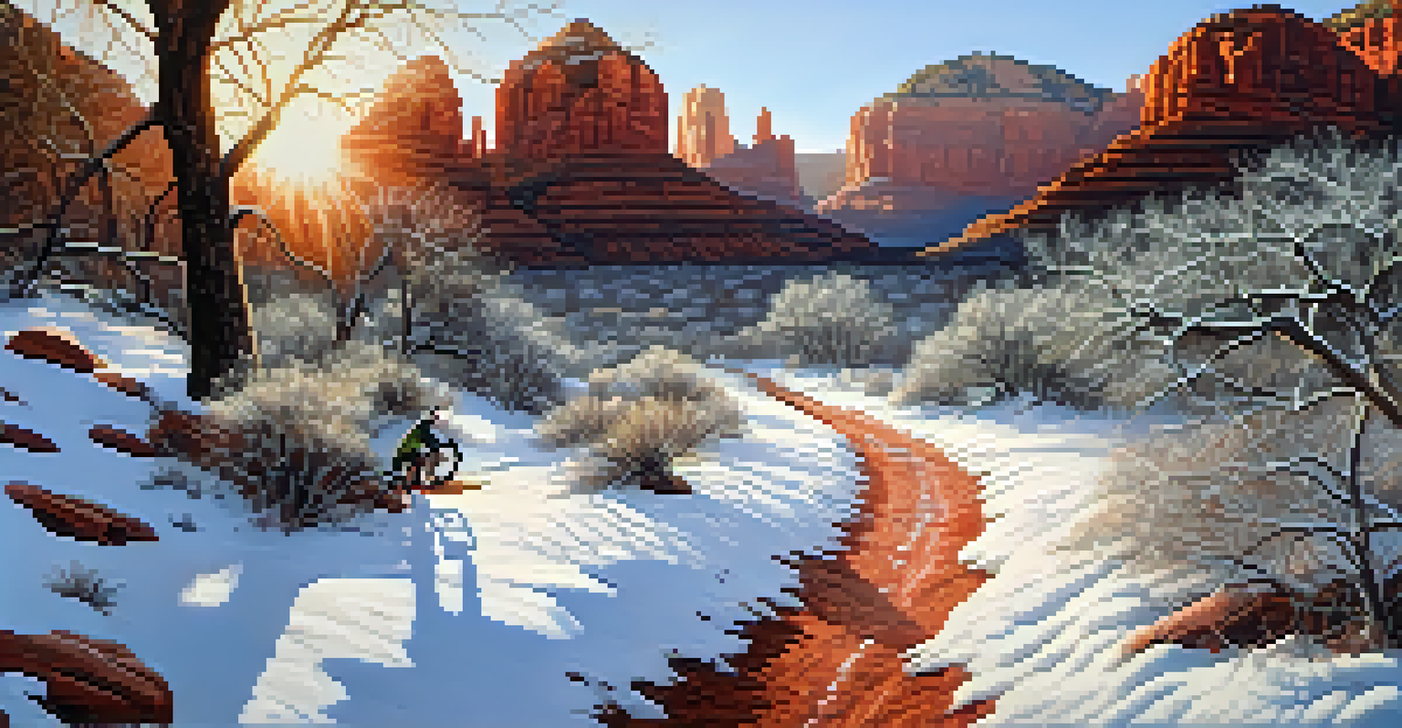 A mountain biker on a snow-covered trail with red rock formations and trees in a winter landscape in Sedona.