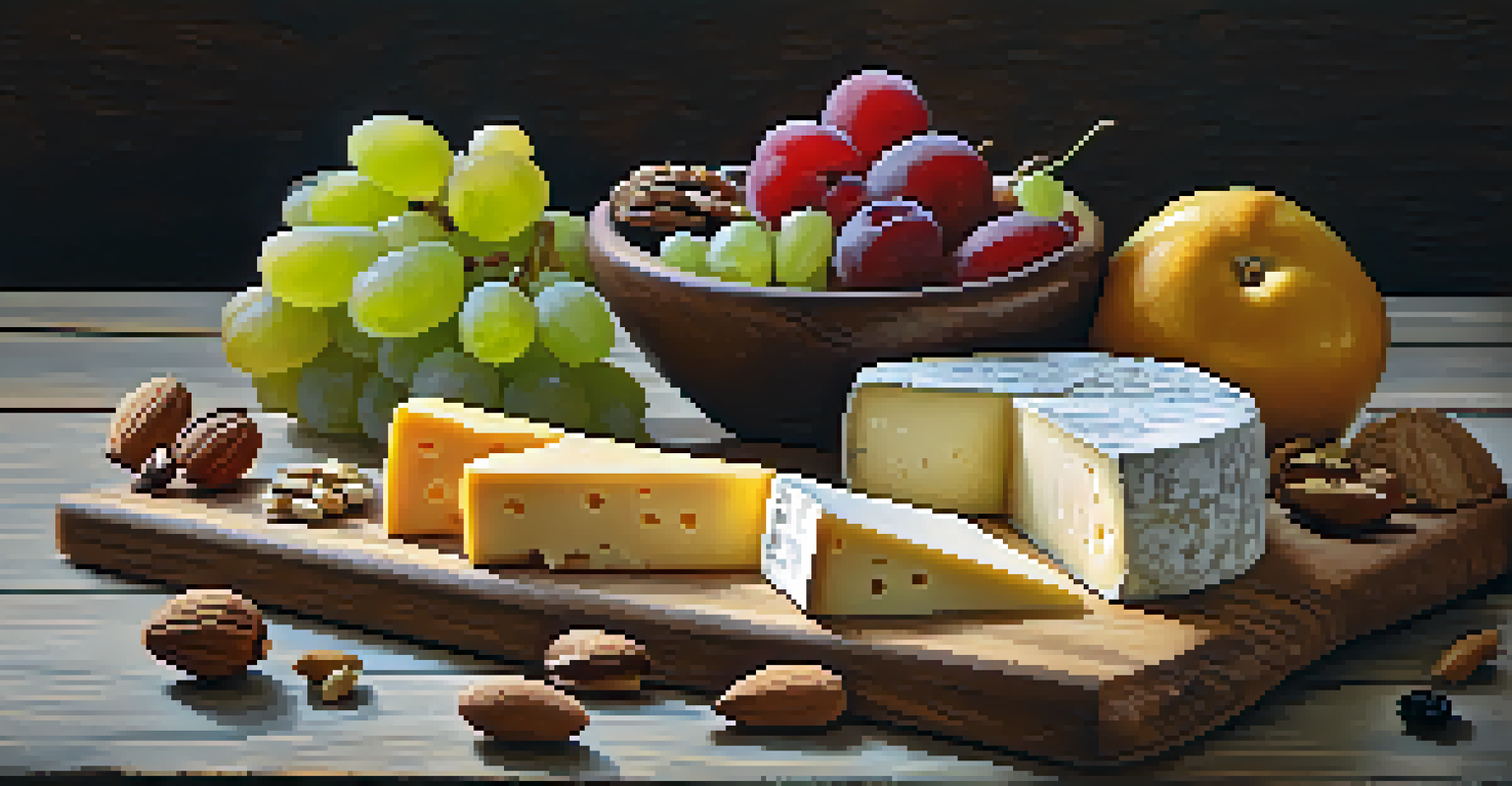 A close-up of an artisanal cheese board with various cheeses, fruits, and nuts, set on a rustic table with soft natural light.