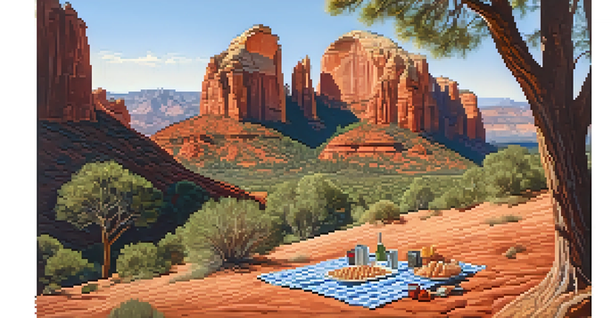 A picnic blanket with snacks laid out in front of towering red rock formations under warm sunlight.