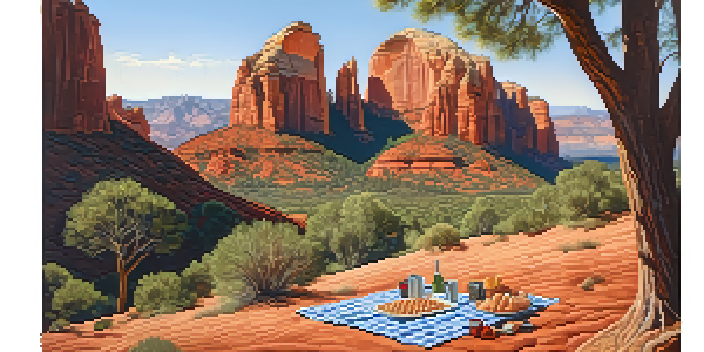 A picnic blanket with snacks laid out in front of towering red rock formations under warm sunlight.
