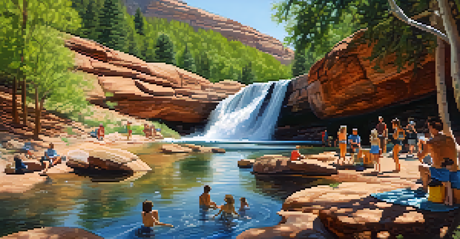 Friends enjoying a picnic by a creek in Slide Rock State Park, with children playing in the water and natural rock formations around them.