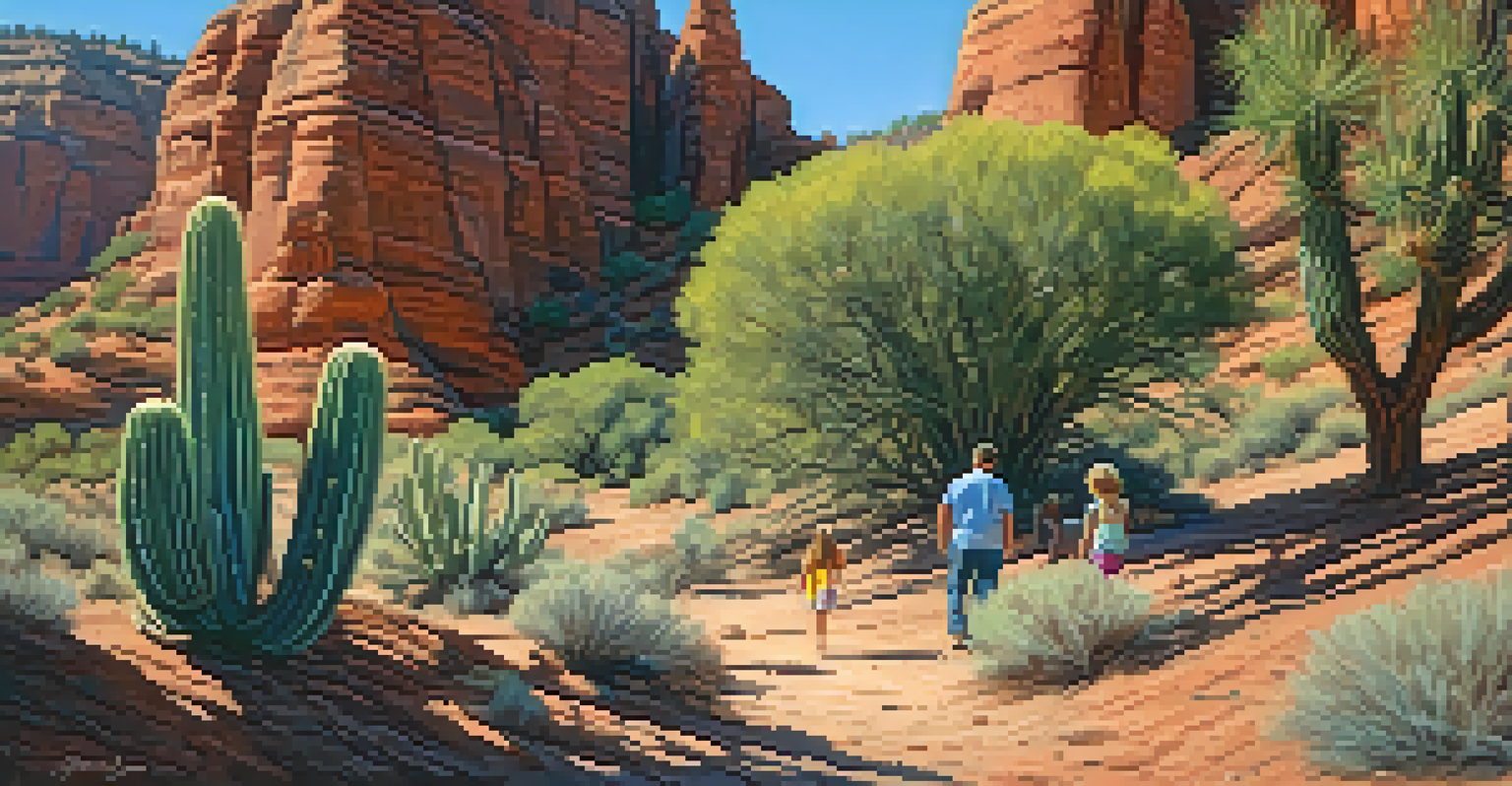 A family exploring Sedona's geological formations with children pointing at the rocks under a blue sky.