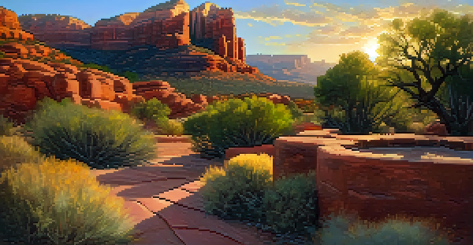 A stunning view of the Chapel of the Holy Cross in Sedona, surrounded by red rocks and vibrant desert plants at sunset.