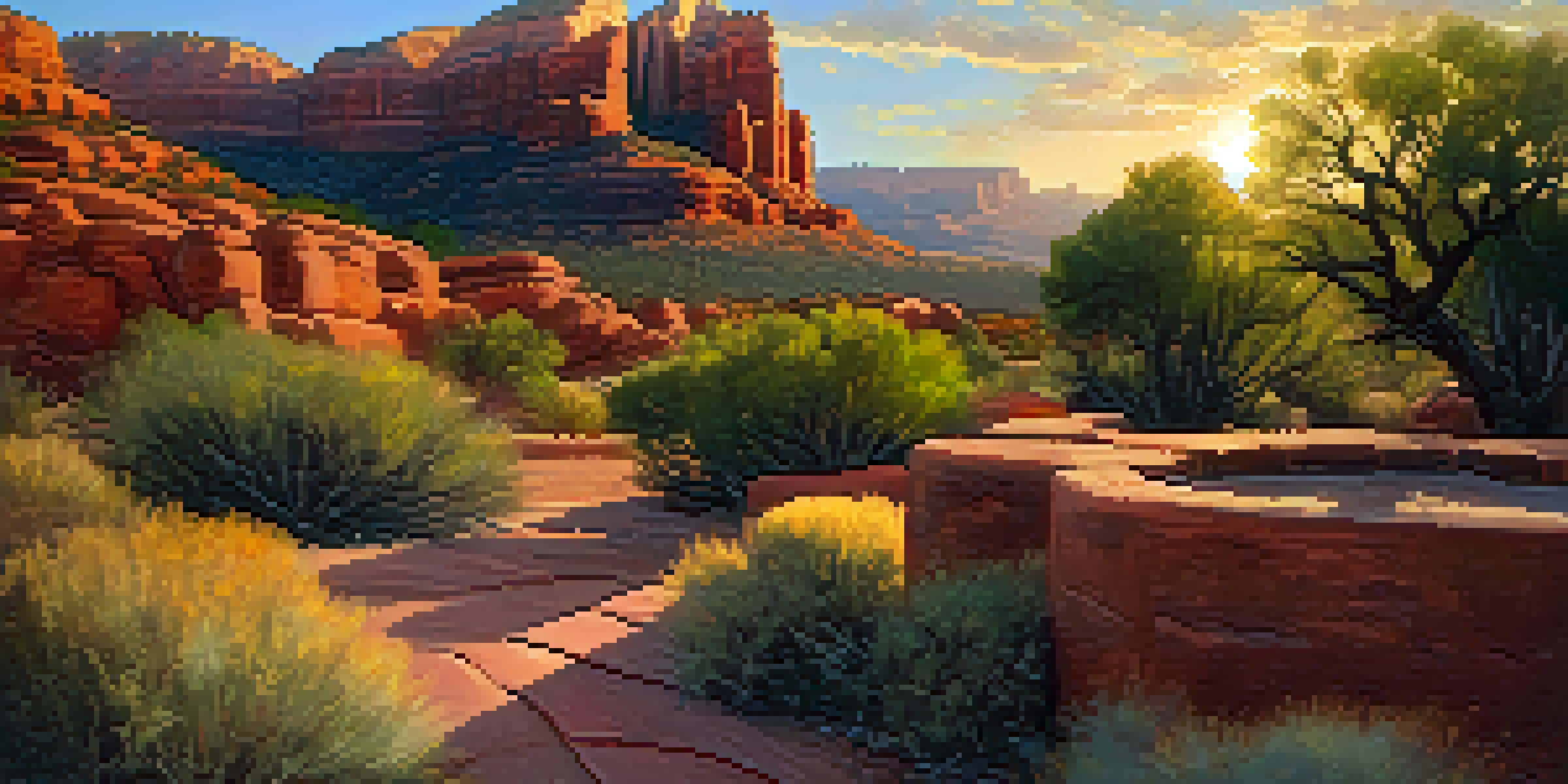 A stunning view of the Chapel of the Holy Cross in Sedona, surrounded by red rocks and vibrant desert plants at sunset.