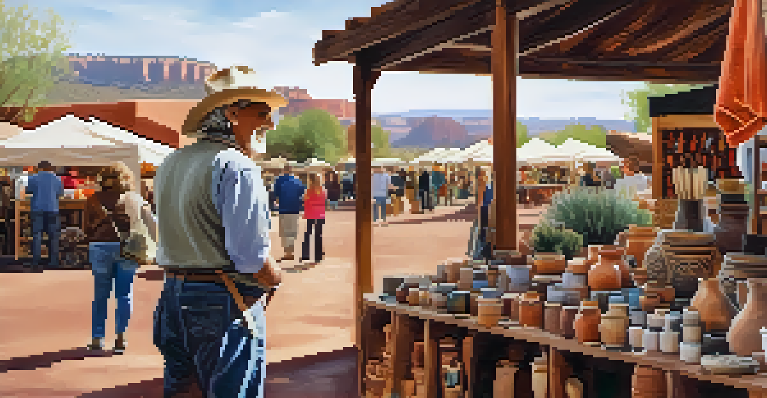 An artisan smiling and displaying handmade pottery at a farmers' market, with various crafts on wooden tables and a lively background.