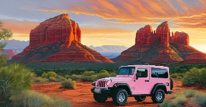 A stunning sunset view of Sedona's red rock formations with an off-road vehicle parked on a rocky trail, featuring Bell Rock in the background.
